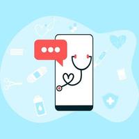 onlineapotek app koncept för sjukvård, apotek och e-handel. vektor av receptbelagda läkemedel, första hjälpen-kit och medicinska förnödenheter som säljs online via webb- eller smartphoneapplikationsteknik.