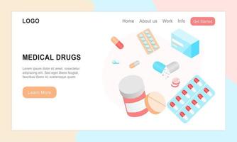 målsida för medicinska droger. medicinskt stöd och drogberoende koncept, medicin piller och kapslar. vektor illustration apotek butik webbsida app för patientstöd och online försäljning produkter.