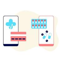 Online-Apotheken-App-Konzept von Gesundheitswesen, Drogerie und E-Commerce. Vektor von verschreibungspflichtigen Medikamenten, Erste-Hilfe-Sets und medizinischen Bedarfsartikeln, die online über Web- oder Smartphone-Anwendungstechnologie verkauft werden.