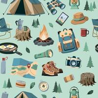 Tourist Camping Ausrüstung nahtlos Muster. Design zum Hintergrund und Verpackung. Reise und Abenteuer Hintergrund vektor