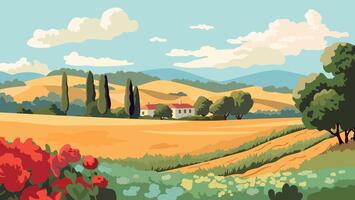 sommar europeisk landskap med hus, grön kullar och fält illustration. platt design affisch. sommar by. europeisk landsbygden. Land hus vektor