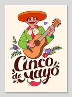 cinco de mayo firande affisch. vertikal bakgrund med mexikansk spelar gitarr. mexikansk tecken traditionell Lycklig personer musiker i sombrero. hand text. klotter illustration. vektor