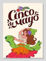 cinco de Mayo Feier Poster. Vertikale Hintergrund mit Tanzen Mexikaner Frau. Hand Beschriftung. Flamenco Musical Leistung. Mexiko Tänzer beim cinco de Mayo Festival. Gekritzel Illustration. vektor