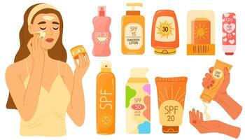 Solskydd Produkter uppsättning isolerat. kvinna applicering Solskydd produkt. spf skydd och Sol säkerhet begrepp. spf sommar Produkter lotion, grädde, spray. vektor