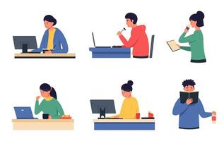 Karikatur Männer und Frauen Essen beim Arbeit im Vorderseite von Laptop und Computer, Büro Mittagessen und Fernbedienung Arbeit Nachteil vektor