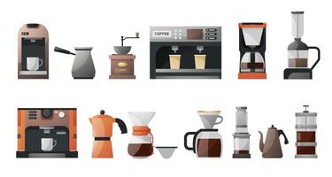 kaffe bryggning enheter. Häll i över droppa kaffe tillverkare, franska Tryck, Cezve turkiska kaffe pott, kaffe kvarn, kaffe kopp. kaffe hus Utrustning uppsättning vektor
