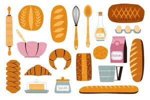 bakning Ingredienser. tecknad serie kök verktyg och mat för bakverk och ljuv bageri, ägg mjöl socker Smör mjölk vispa rullande stift. isolerat uppsättning vektor