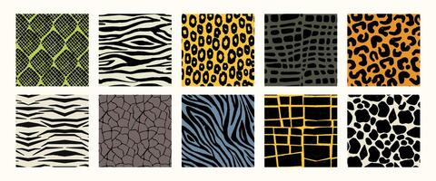 djur- mönster. sömlös skriva ut av vild päls hud läder, tiger leopard gepard zebra giraff pytonorm textur, Zoo vilda djur och växter bakgrund. textur uppsättning vektor