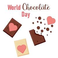 Welt Schokolade Tag Feier 7 Juli Schokolade Brocken mit Herzen köstlich Dessert eben Stil vektor