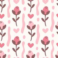 romantisk rosa sömlös mönster med reste sig blomma och hjärta form vektor