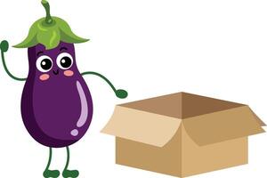 komisch Aubergine Charakter Maskottchen mit öffnen Karton Box vektor