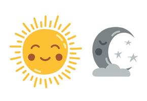 Sol och måne, dag och natt. söt leende sovande måne och Sol isolerat på vit bakgrund. ikoner illustration för barnkammare design, barn rum, bebis dusch hälsning kort. vektor