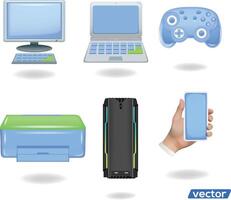 Computer Geräte. Schreibtisch, Laptop, Joystick, Drucker, Computer Gehäuse, Handy, Mobiltelefon. vektor