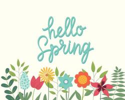 Hallo Frühling Hand skizziert Karte, Illustration. Beschriftung Frühling Jahreszeit mit Blätter und Blumen zum Gruß Karte, Einladung Vorlage. retro, Jahrgang Beschriftung Banner, Poster, Hintergrund. vektor