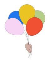 Luft Luftballons Bündel halten linear Karikatur Charakter Hand Illustration. Kinder Urlaub Dekor Gliederung 2d Bild, Weiß Hintergrund. festlich Stimmung Schaffung editierbar eben Farbe Clip Art vektor