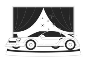 lyx bil utställningslokal svart och vit 2d linje tecknad serie objekt. utför innovativ bil modell isolerat översikt Artikel. fordon utläggning för köpare enfärgad platt fläck illustration vektor