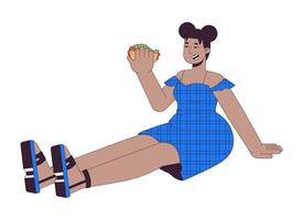 kurvig schwarz Frau halten Sandwich 2d linear Karikatur Charakter. afrikanisch amerikanisch weiblich mit Übergewicht Sitzung isoliert Linie Person Weiß Hintergrund. Überessen Farbe eben Stelle Illustration vektor