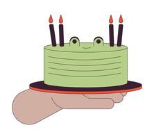 Geburtstag Kuchen mit Frosch Gesicht halten linear Karikatur Charakter Hand Illustration. Urlaub Dessert Gliederung 2d Bild, Weiß Hintergrund. Süßwaren zum Party editierbar eben Farbe Clip Art vektor