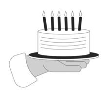 Geburtstag Kuchen mit Verbrennung Kerzen zeigen Karikatur Mensch Hand Gliederung Illustration. festlich Dessert 2d isoliert schwarz und Weiß Bild. Urlaub Süßwaren eben monochromatisch Zeichnung Clip Kunst vektor