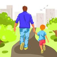 Vater und wenig Sohn Gehen im das Park zusammen halten Hände. glücklich Vaters Tag Konzept. Familie Zeit. Illustration. Gruß Karte, drucken, Poster Design vektor