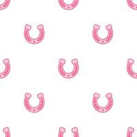rosa kärna hästsko. cowboy Västra och vild väst tema sömlös mönster. hand dragen illustration. klotter textur. klotter rosa hästsko vektor