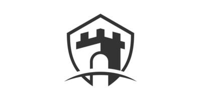 Schloss und Schild Logo Design, Sicherheit, Festung, Königreich, Logo Design Symbol, , Symbol, kreativ Idee. vektor