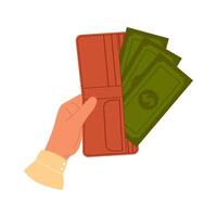 hand innehar brun plånbok med grön papper pengar. handväska med papper valuta. plånbok fylld med pengar vektor
