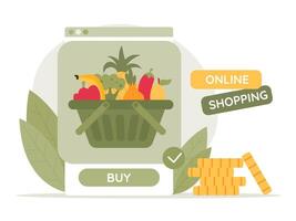 online Markt. Einkaufen Wagen recyceln Tasche voll von organisch Lebensmittel. online Einkaufen Konzept vektor