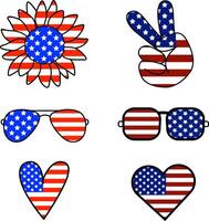 4 .. von Juli Symbole im USA Flagge Design. Sonnenblume, Hand, Gläser, Herzen im Sterne und Streifen. Denkmal Tag. patriotisch Dekor zum Unabhängigkeit Tag, vierte von Juli Amerika mit Liebe. Illustration vektor