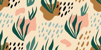 nahtlos Muster mit Pflanzen und abstrakt organisch Form. abstrakt Sommer- Hintergrund. modern exotisch tropisch Blätter. eben Illustration vektor