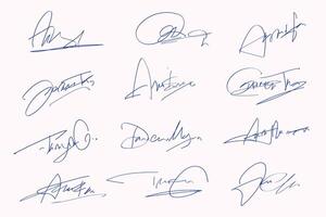 Unterschriften Satz. fiktiv handgeschrieben Unterschriften zum Unterzeichnung Unterlagen auf Weiß Hintergrund. vektor