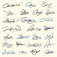 Unterschriften Satz. fiktiv handgeschrieben Unterschriften zum Unterzeichnung Unterlagen auf Weiß Hintergrund. vektor
