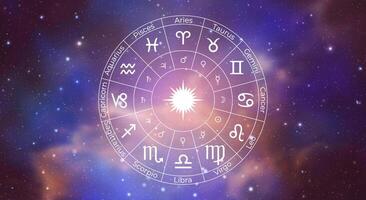 cirkel med zodiaken tecken på färgrik starry Plats bakgrund. illustration vektor