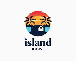 Insel Palme Baum Strand Meer Ozean Sonne Zuhause Haus Villa Urlaub Kreis Logo Design Illustration vektor