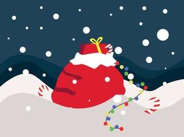 en röd påse med julklappar ligger i en snödriva. jultomten väska i snön, presenter, krans. julklubba vektor