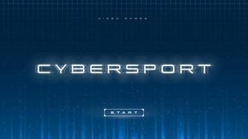 Cyber Sport Banner, Esport abstrakt Hintergrund. Spiele. Cybersport Titel mit Start Taste auf Blau Gradient Hintergrund mit Licht Strahlen, Partikel und Laser- Netz. Design zum Esport Veranstaltungen. vektor