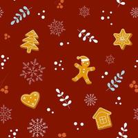Lebkuchen nahtloses Muster. festlicher Weihnachtshintergrund mit Keksen, Beeren und Schneeflocken. flacher Stil. Vektor-Illustration vektor