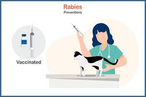 medizinisch Illustration im eben Stil. Tollwut Verhütung Konzept. weiblich Tierarzt ist mit ein Spritze zu verwalten Tollwut Impfung zu ein Katze. vektor