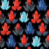 sömlös mönster med levande tropisk grodor på svart bakgrund vektor