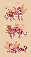 illustration av söt rosa jaguarer och handflatan löv vektor