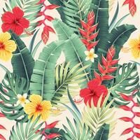 sömlös mönster med röd och gul tropisk blommor och handflatan löv vektor
