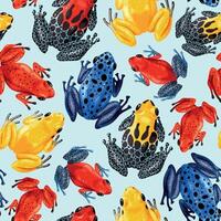 sömlös mönster med levande tropisk grodor på blå bakgrund vektor
