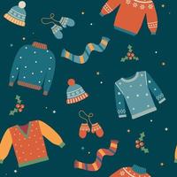 Weihnachten nahtlose Muster mit warmen Pullover Mützen Handschuhe Beeren Sterne vektor