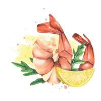 gekocht Garnele mit ein Scheibe von Zitrone und Rucola Blätter auf das Hintergrund von ein Aquarell Stelle. Aquarell Illustration. Komposition von das Garnele Sammlung. zum das Design und Design von Menüs vektor