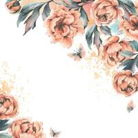 pion blommor med knoppar och löv med flygande fjärilar i pastell persika ludd Färg. hand dragen botanisk vattenfärg illustration. romantisk, söt, skön, ram, krans, mall för text vektor
