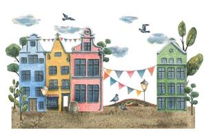 vattenfärg illustration av en sammansättning av söt gammal stad hus. europeisk flerfärgad hus, broar, tecknad serie träd, gata lampa, duvor, moln. för de design av vykort, affischer, banderoller vektor