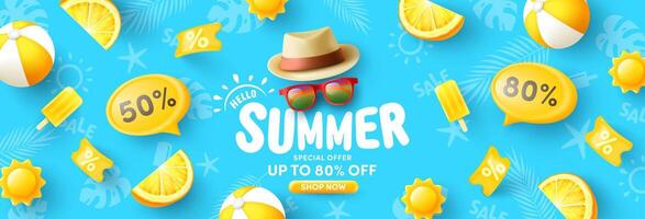 bunt Sommer- Verkauf Banner Vorlage mit Hut, Sonnenbrille, Strand Ball und Strand Sommer- Artikel im Farbe Gelb auf Blau hintergrund.förderung und Einkaufen Vorlage zum Sommer- Jahreszeit. vektor