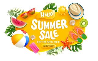 färgrik sommar försäljning baner med solglasögon, vattenmelon, is grädde, och strand boll, vibrerande sommar försäljning annons med strand tillbehör, frukt och tropisk löv vektor