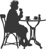 Silhouette Alten Frau Sitzung beim ein Tabelle im das Cafe vektor