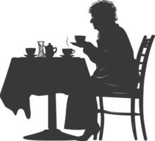 Silhouette Alten Frau Sitzung beim ein Tabelle im das Cafe vektor